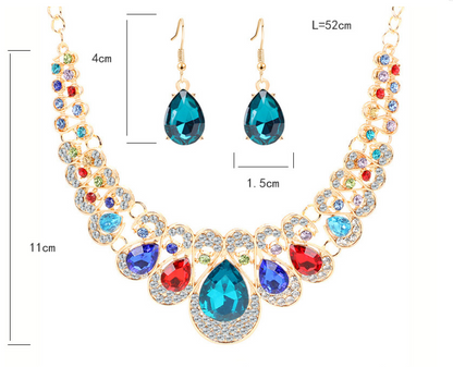 Europe and the United States retro ethnic style jewelry set crystal gem set geometric necklace earrings set female fashion jewelry